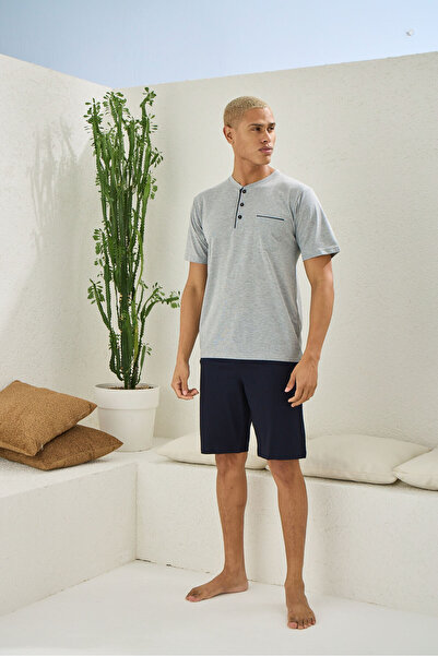 İpek Men's Short Sleeve Midi Collar 100% Cotton Shorts Pajamas Set