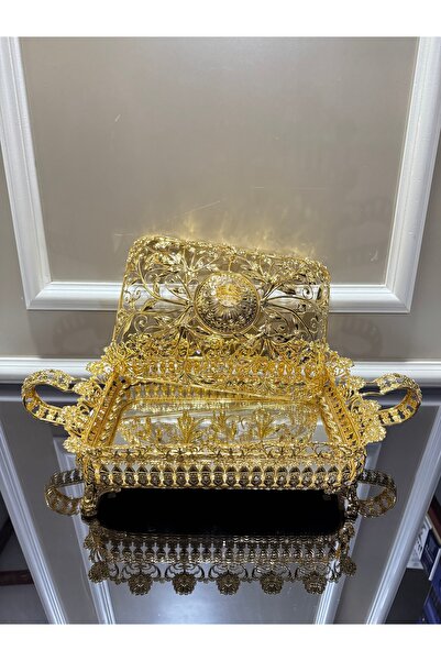 EVRA Gold Kristalli Komple Taşlı İçi Aynalı Dikdörtgen Şekerlik Sunumluk Gondol lkm-131