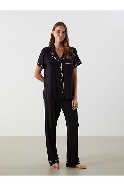 LC Waikiki Lcw Dream Black Shirt Collar Women's Pajamas Set