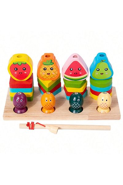sallma Joc de pescuit 2 in 1, sortator forme si pescuit, din lemn, Montessori, Fructe