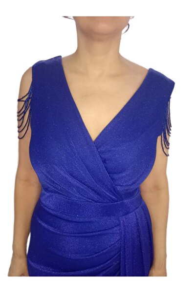 ZY BUTİK Saks Blue Plus Size Shoulder Bead Detail Double Breasted Neckline Floor Length Mermaid Evening Dress