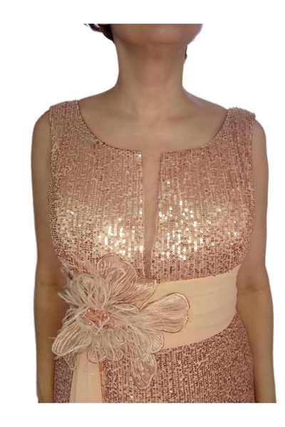 ZY BUTİK Plus Size Copper Waist Flower Detailed Sequin Sequin Floor Length Fish Evening Dress