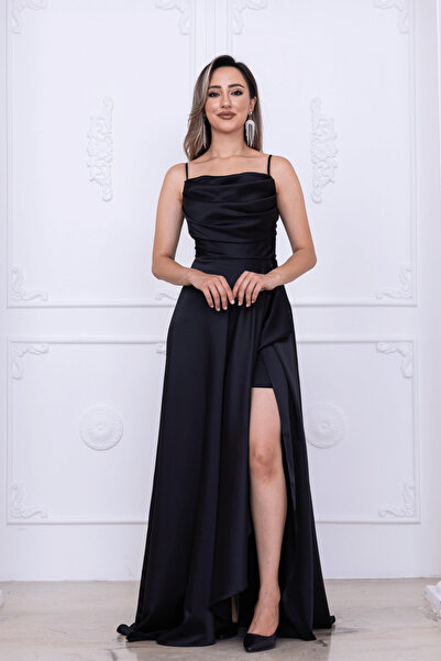 BEYBOS Saten Kumaş Sırtı İpli Abiye Elbise - SİYAH