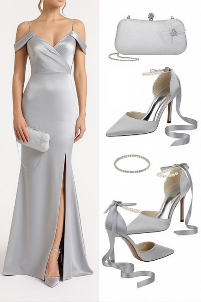 Famels Pearl Stone Heels Shoes Pearl Ankle Silver Evening Dress Shoes Evening Party Shoes Combination Set