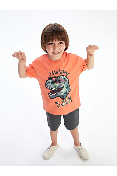 LC Waikiki Lcw Kids Coral Dinosaur Printed Boys T-Shirt and Shorts Pack of 2