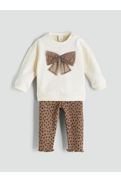 LC Waikiki Crew Neck Ribbon Detailed Baby Girl Sweatshirt and Leggings 2-Piece Set