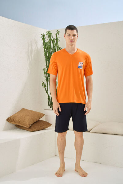 İpek Men's Short Sleeve V Neck Printed Bamboo Fabric Shorts Pajamas Set