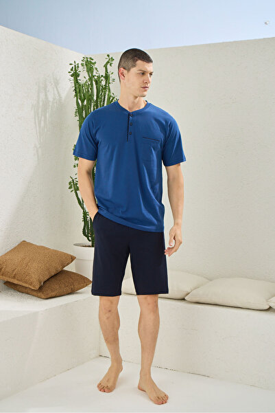İpek Men's Short Sleeve Midi Collar 100% Cotton Shorts Pajamas Set