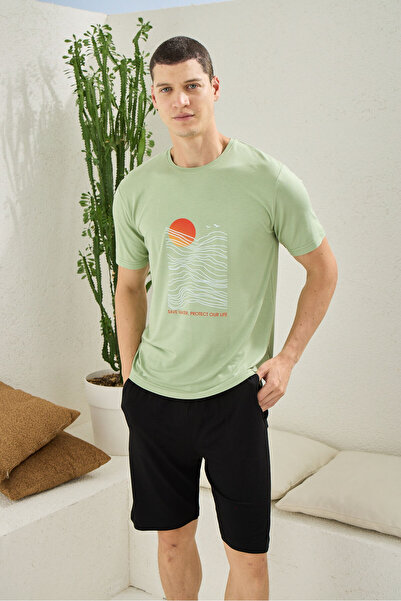 İpek Men's Short Sleeve O Neck Bamboo Fabric Shorts Pajamas Set