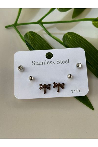 Blotch Set of 6 Zircon Stone Ball Dragonfly Earrings Silver Color