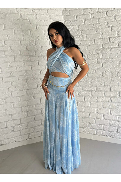 moneta boutique Women's Shawl Pattern Crop and Skirt Set