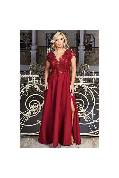BOSCA EMESZON Rochie lungă elegantă CRYSTAL cu broderie, material gabardină, mărimea 44, mărime mare, bordo