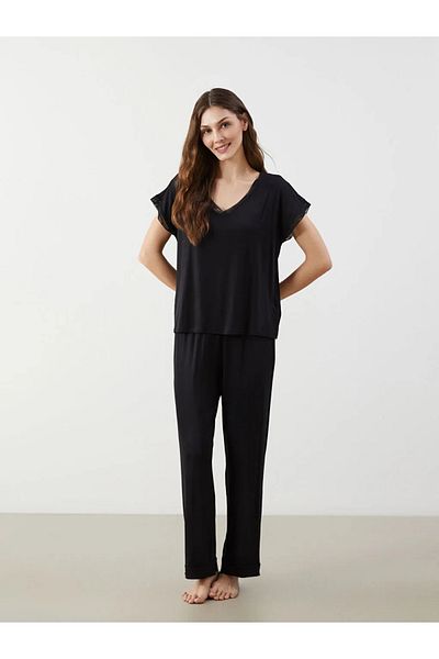 LC Waikiki Lcw Dream Black V-Neck Women's Pajama Suit