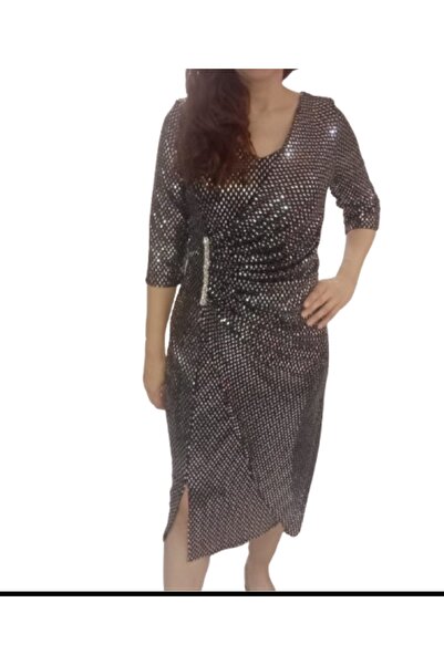 ZY BUTİK Black-Silver Plus Size V-Neck Three Quarter Sleeves Waistline Stone Accessories Detail Paletli Intermediate Length Evening Dress