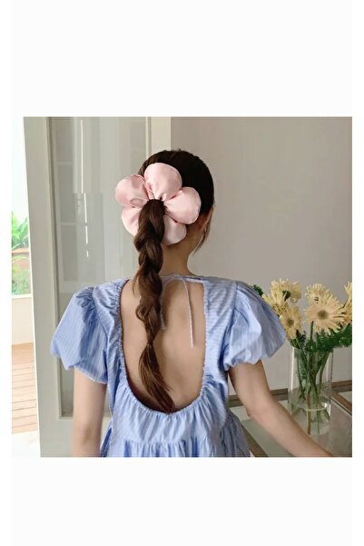 Zehra Aksesuar Pofuduk büyük boy pembe papatya scrunchie saten simit toka