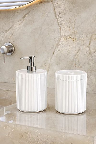 DOVİHOME Double XL Large Size Striped 700ml Countertop Silver Pump Liquid Soap Dispenser and Cotton Lint Set White
