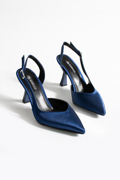 es exello Asgard Back Open Goblet Heeled Navy Blue Satin Shoes