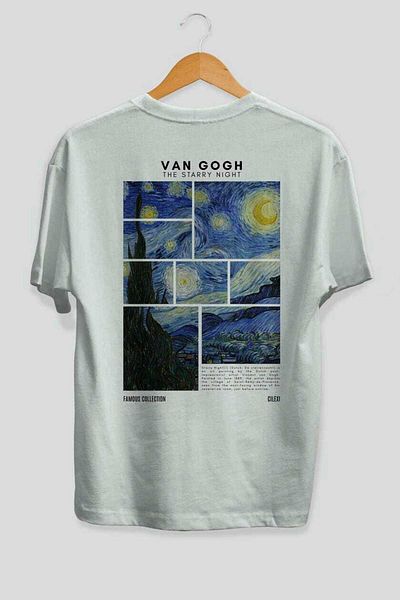 Ankhises Van Gogh the Starry Night Back Printed Oversize T-Shirt Men Women Crewneck Cotton Tshirt
