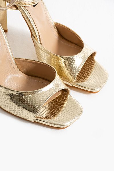es exello Sara Back Open Ankle Strap Goblet Heeled Gold Shoes