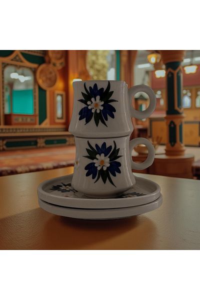 Çiporcal Crocus Flower Navy Blue Set of 2 Turkish Coffee Cups