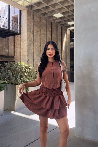 bacc Brown Buttoned Blouse and Gipeli Mini Skirt Linen Woven Bottom Top Set Bcbt-251012