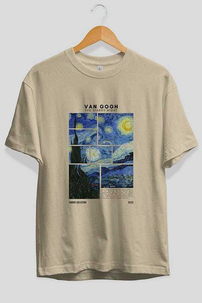 Ankhises Van Gogh the Starry Night Front Printed Oversize T-Shirt Men Women Crewneck Cotton Tshirt
