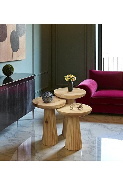 Royal Wood Store Ahşap Üst Kalite Vernikli 3'lü Çizgili Fitilli Mantar Mushroom Yan Zigon Sehpa