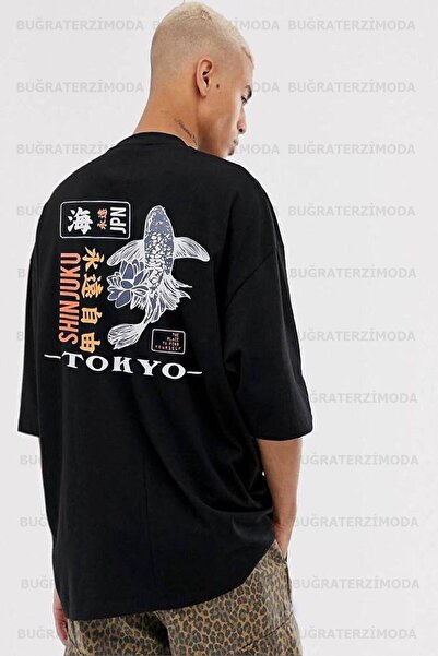 donamod Tricou negru unisex oversize (cu formă largi) cu imprimeu în spate Buğraterzimoda Tokyo Bttkyy5648