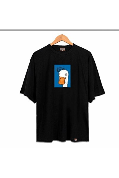 donamod Tricou oversize cu gât negru cu imprimeu de rață neagră de damă