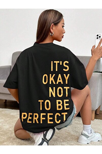 donamod Tricou oversize imprimat Its Okay negru pentru femei