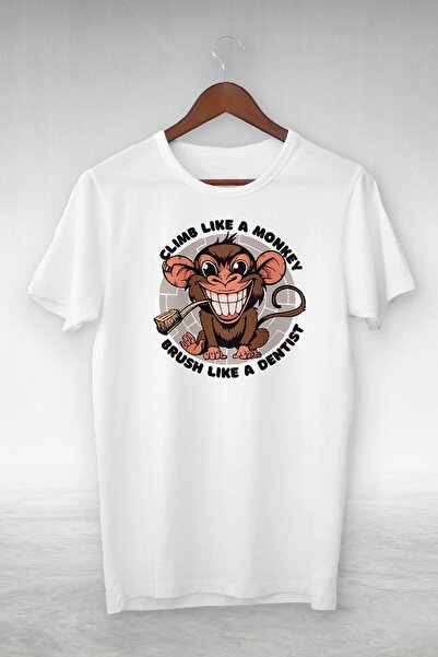 donamod Tricou unisex alb Climb Like A Monkey Brush Like A Dentist Gsc-366
