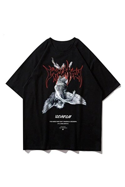 donamod Tricou pentru bărbați, cu imprimeu înger negru, cu decolteu triplu su...