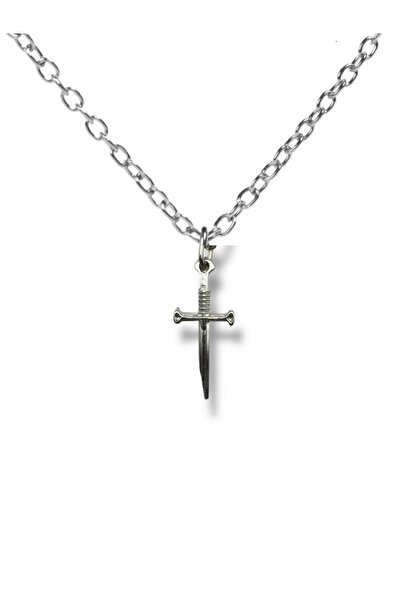 Herşey Nota Kılıç Figürlü Gotik Haç Kolye – 60 cm Zincirli Zamak Kaplama Unis...
