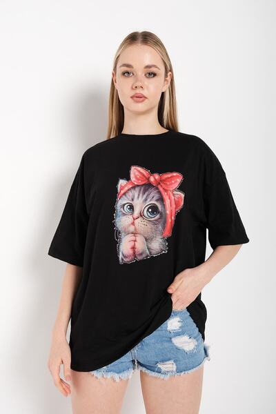 donamod Tricou oversize cu imprimeu Black Cat de damă