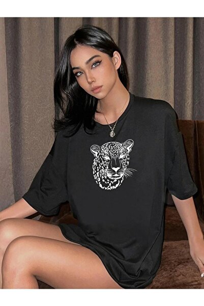 donamod Дамска черна тениска с щампа на фигура на леопард