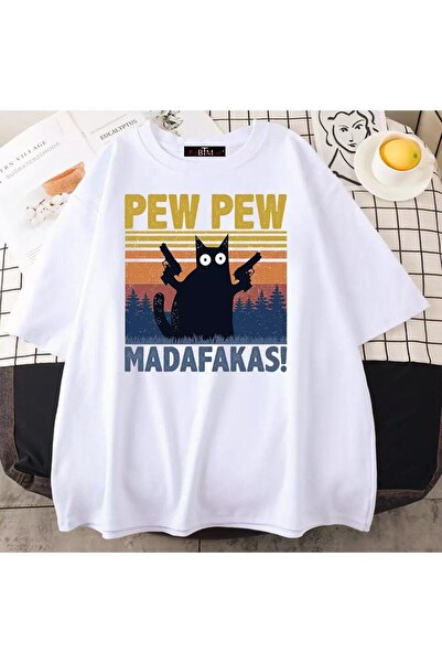 donamod Buğraterzimoda Cat مطبوعة بيو بيو للجنسين طاقم الرقبة تي شيرت أبيض كب...