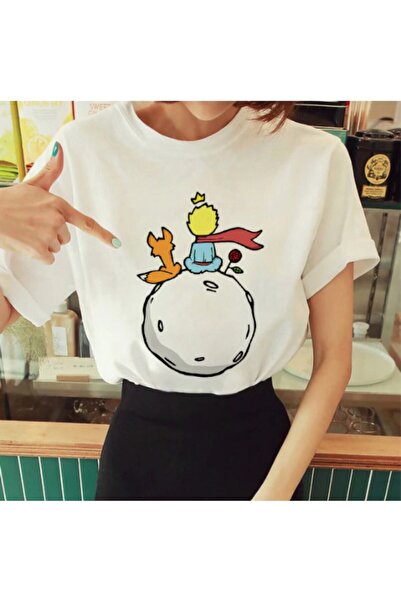 donamod Tricou alb cu imprimeu Micul Prinț pentru damă, cu decolteu rotund, c...