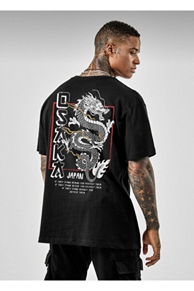 donamod Tricou negru unisex oversize cu imprimeu Osaka