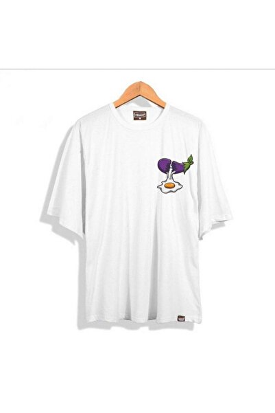 donamod Ανδρικό μπλουζάκι με λευκή μελιτζάνα Oversze Crew Neck