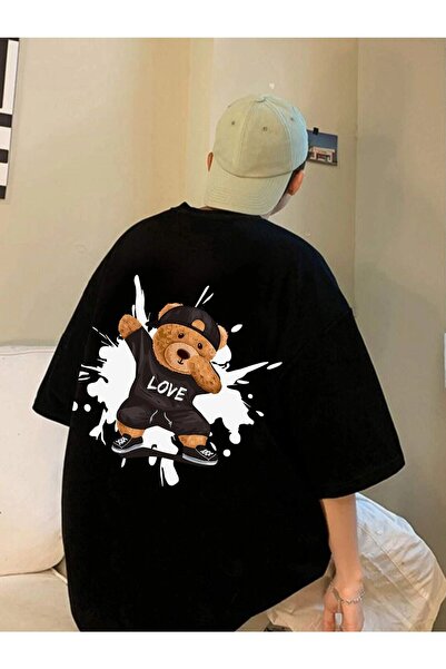 donamod Μπλουζάκι Unisex Black Love Bear με προσαρμοσμένη στάμπα, χοντρό βαμβ...