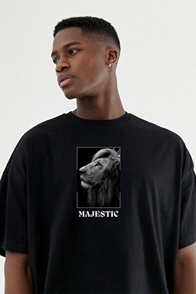 donamod Tricou oversize unisex negru cu imprimeu Lion Majestic