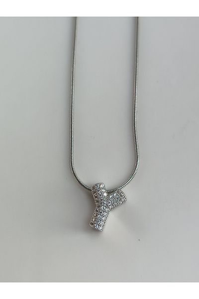 Blotch Curved Stainless Steel Stylish and Stylish Zircon Stone Y Letter Necklace 1.2 cm