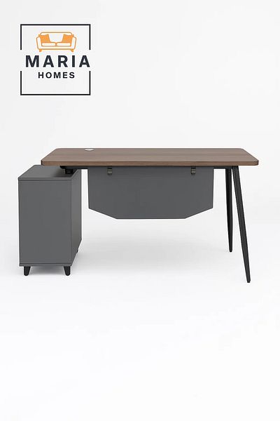 MARIA HOMES Modern Office Desk with Dual Storage Cabinets – Grey Frame & Light Wood Finish