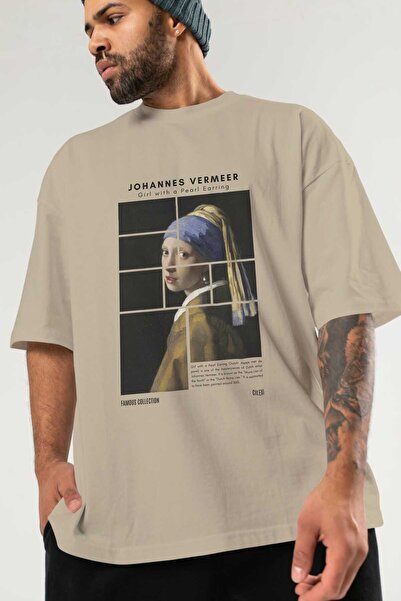 Ankhises Johannes Vermeer μπροστινό εμπριμέ μπλουζάκι Oversize Ανδρικό Γυναικείο Βαμβακερό μπλουζάκι με λαιμόκοψη