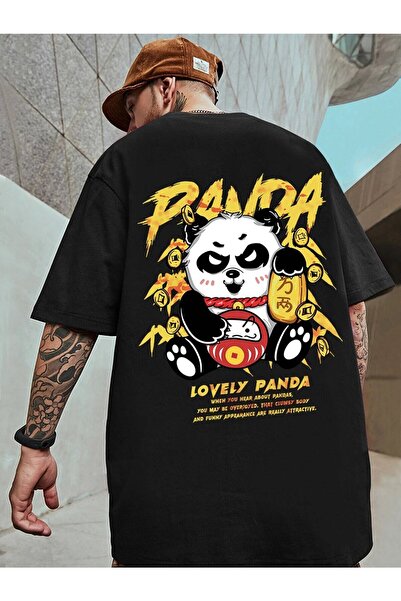 donamod Μπλουζάκι Unisex Μαύρο Panda με Ειδική Εκτύπωση Oversize από Χτενισμέ...
