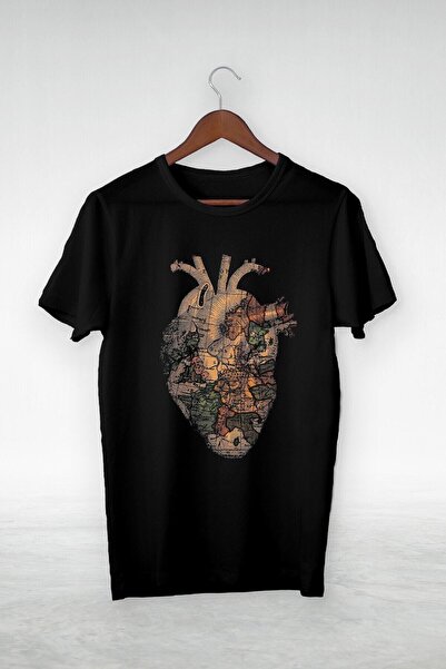 donamod Tricou negru -unisex -hartă Hart-iluștrare Desen- Y-068