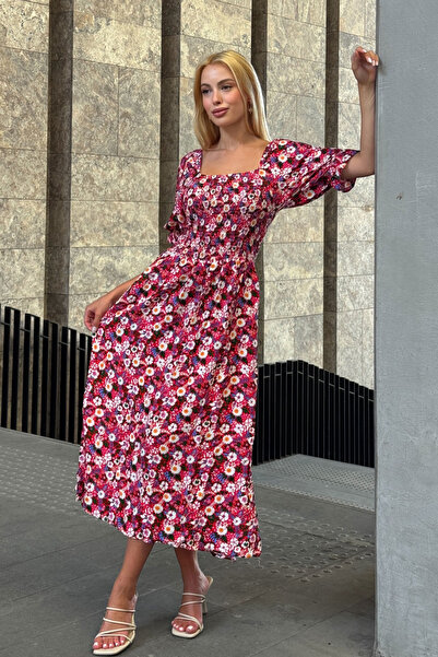 bacc Rochie de vară țesută cu model floral pentru femei, cu guler pătrat fucs...