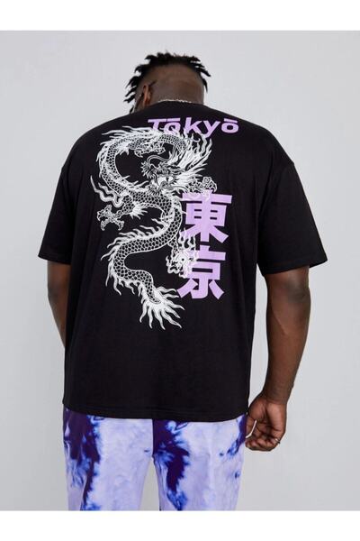 donamod Men's Black Tokyo Dragon Printed Oversize Crew Neck T-Shirt