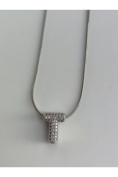 Blotch Curved Stainless Steel Stylish and Stylish Zircon Stone t Letter Necklace 1.2 cm