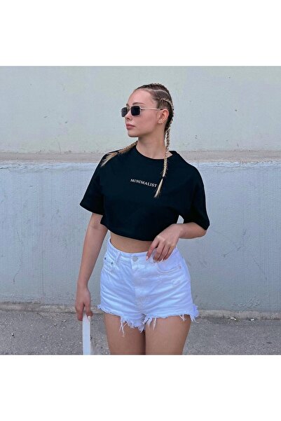 donamod Γυναικεία Μαύρη Μινιμαλιστική στάμπα Oversize Crop